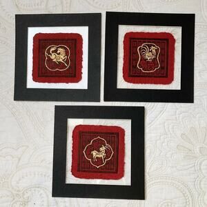YEAR OF THE HORSE Asian Pressed Paper Set Of 3 Art Pieces On Mats